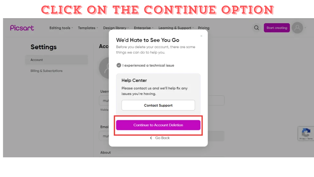 Delete Picsart Account Through website 